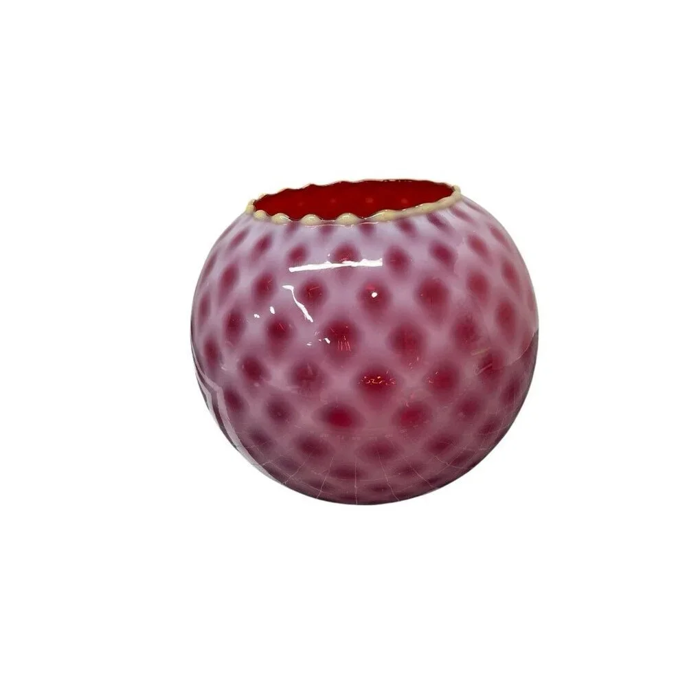 Red Round Glass Vase Bowl Cranberry Lace Opalescent Old Vintage Ruby Red & White